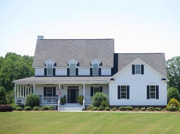House plan exterior: two-story white home with wraparound porch, multiple gables, and dormer windows.