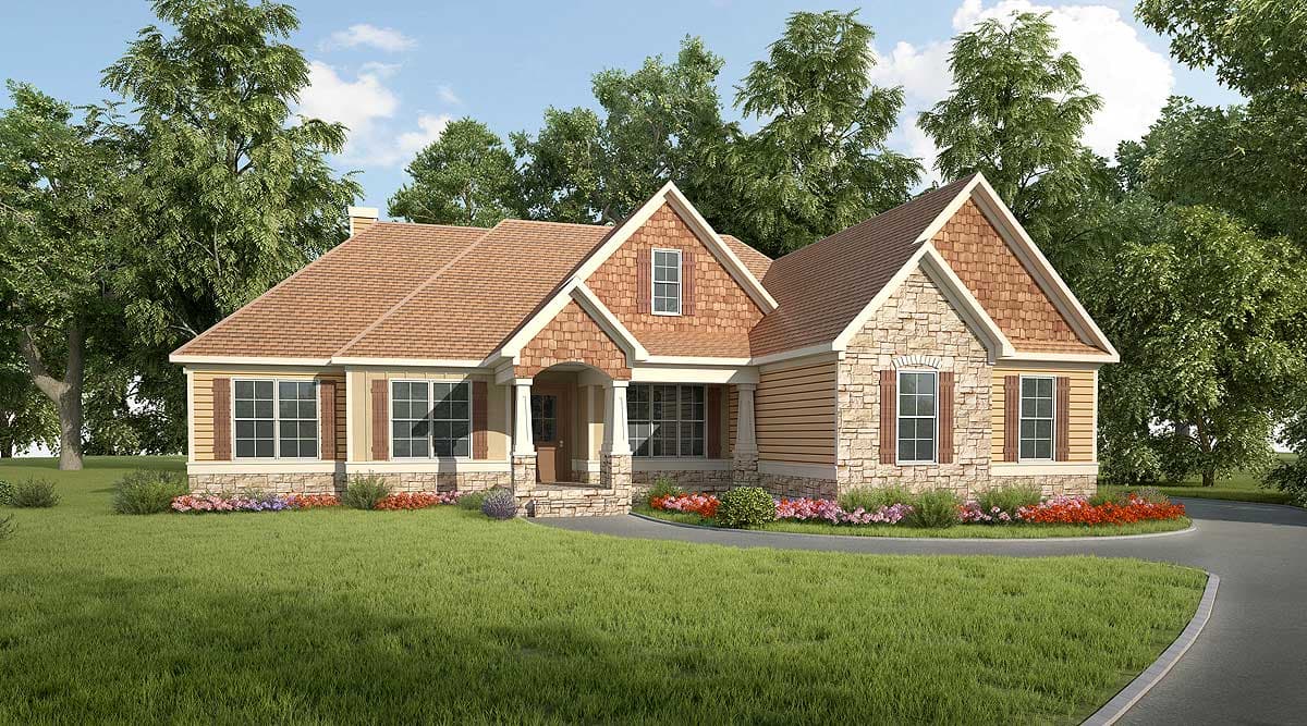 House plan exterior. Craftsman style, one story home. Features include a front porch, gables, and stone veneer accents.