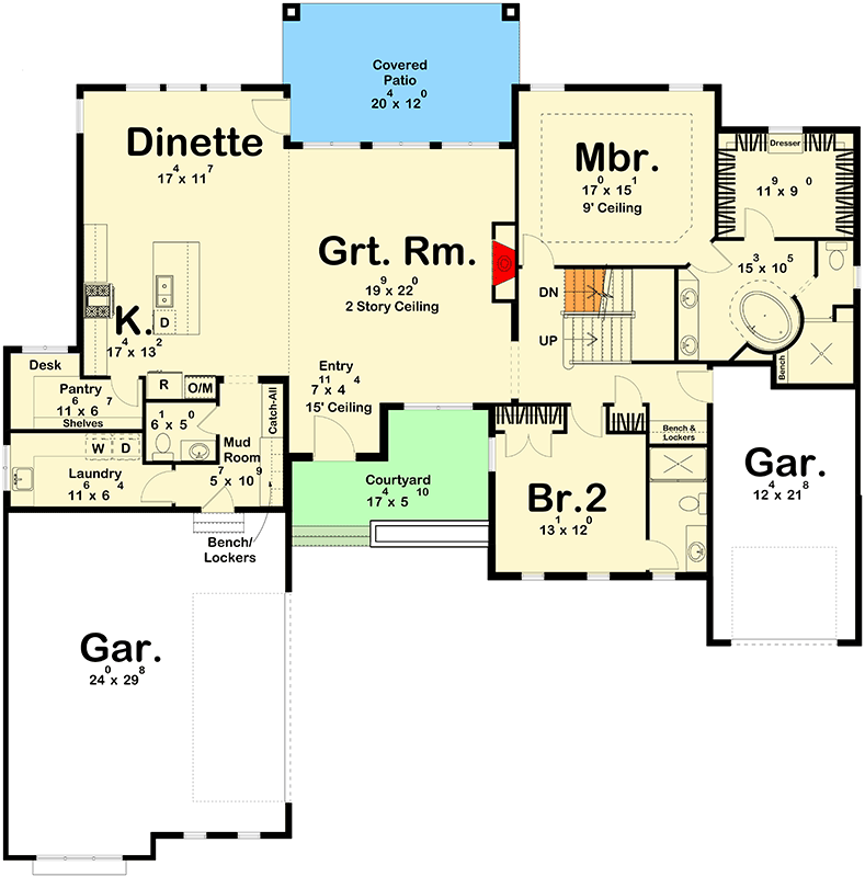 Plan 62644DJ: 4-Bed Craftsman-Style Home Plan with Two-Story Great Room - 2969 SQ Ft - Floor Plan - Main Level - Craftsman, Transitional