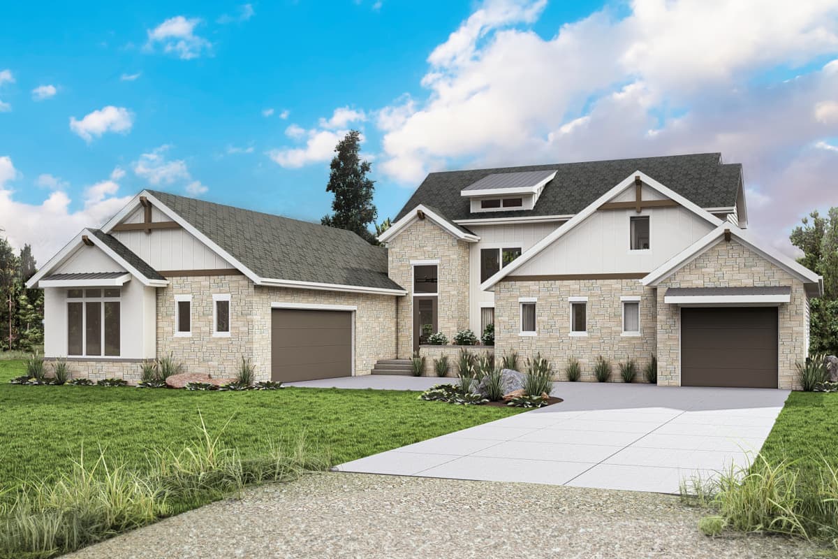 House plan exterior. Two-story, Modern Farmhouse style with stone veneer, gabled rooflines, and attached garages.