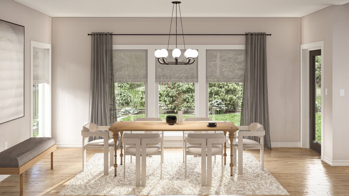 Dining room with a wooden table, upholstered chairs, a bench, and a modern chandelier.
