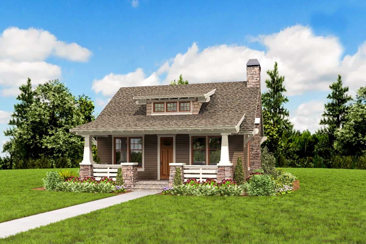 House plan exterior: Craftsman style, one story, porch with stone bases, dormer with multi-pane windows, stone chimney.
