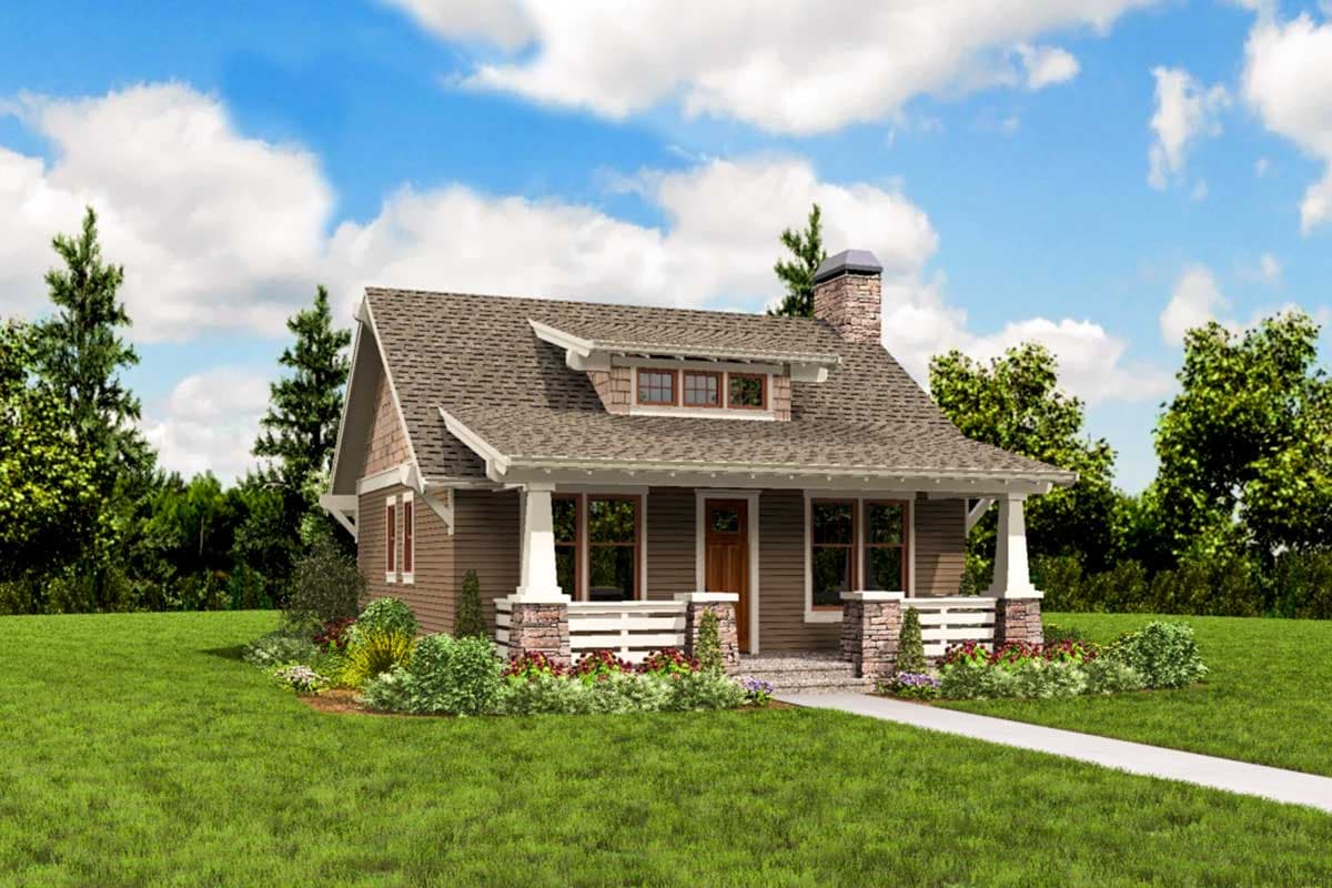 Craftsman house plan exterior, one story, with dormer, stone chimney, and covered front porch with stone accents.
