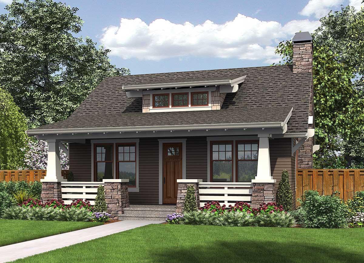 Craftsman style house plan exterior with a covered front porch, stone foundation, dormer, and stone chimney.