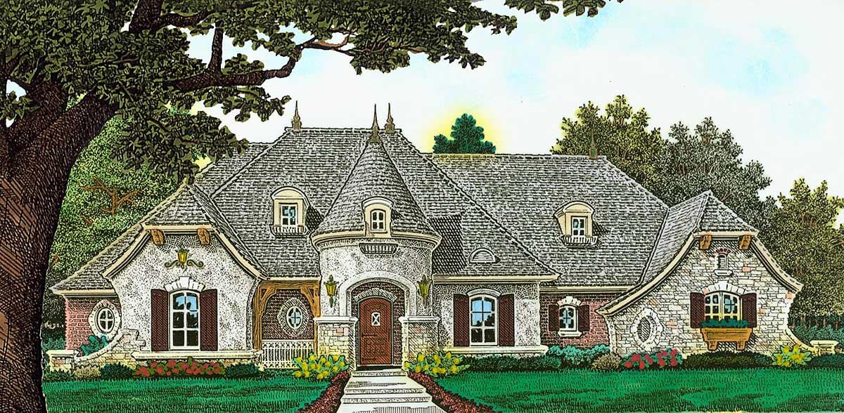 House plan exterior featuring a turret entry, dormers, varied rooflines, and stone and brick facade.
