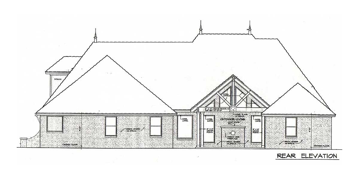 Rear elevation house plan showing brick exterior, multiple gables, and an outdoor living area with exposed beam ceiling.