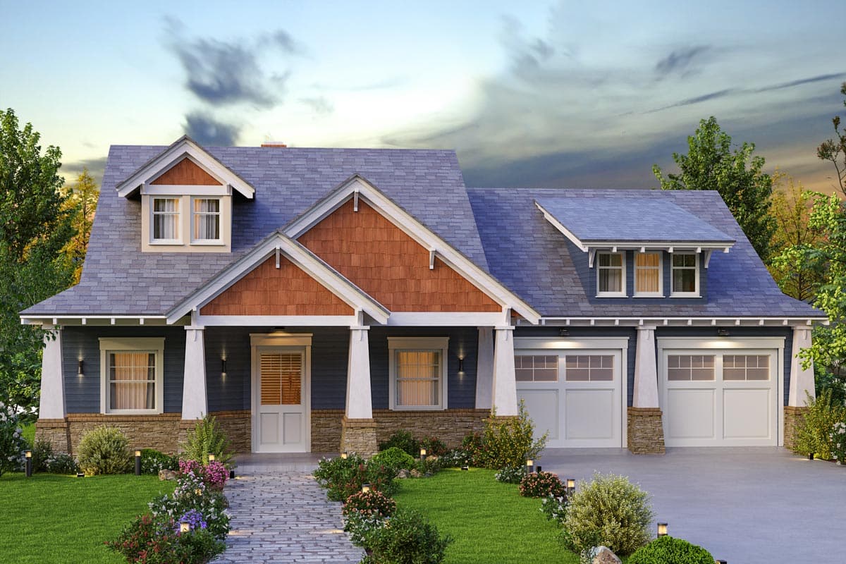 House plan exterior featuring Craftsman-style design, a two-story layout, a front porch with columns, gables, and a two-car garage.