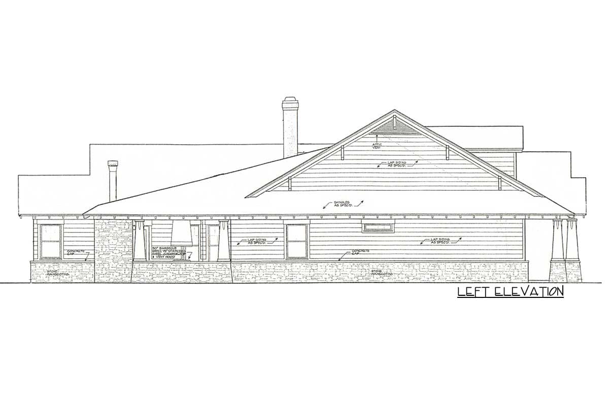 Left elevation drawing of a house plan showing a low-pitched roof, lap siding, stone foundation, and covered porch with square columns.