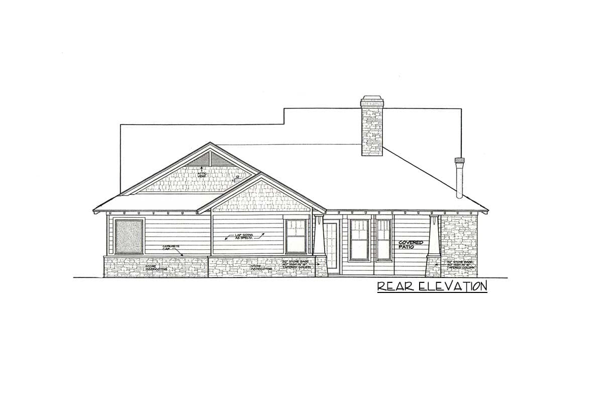 Rear elevation house plan with gabled roof, stone base, lap siding, dormer, and covered patio.