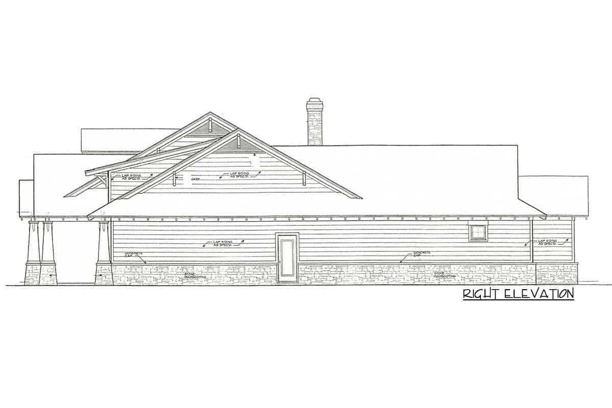 House plan right elevation showing stone foundation, lap siding, gabled roof, chimney, and covered entry.