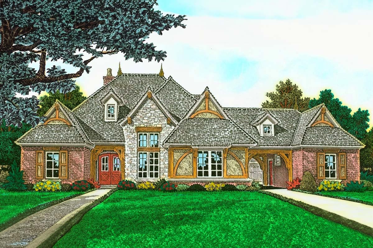 House plan exterior: Stone and brick facade, prominent gables with wood accents, dormers, and a covered entry.