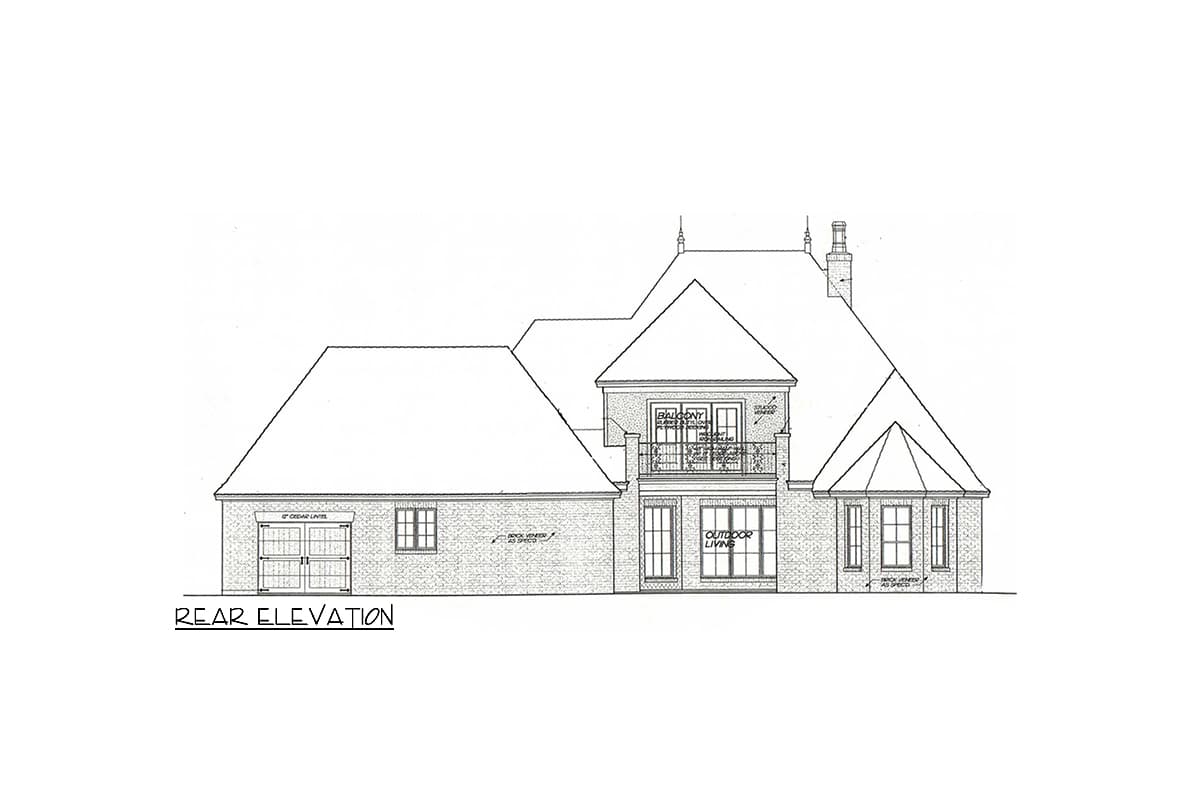 Rear elevation of a house plan showing a two-car garage, a balcony, and an outdoor living area.