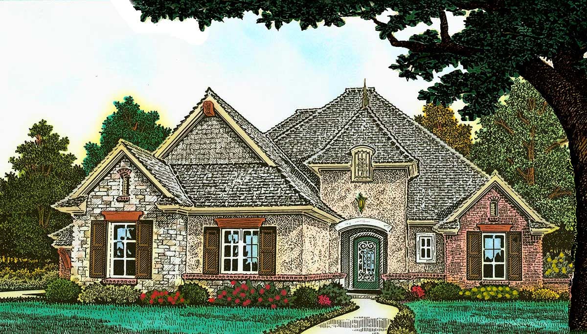 House plan exterior: This one-story home features varied rooflines, stone and brick facade, prominent gables, and a central arched entryway.