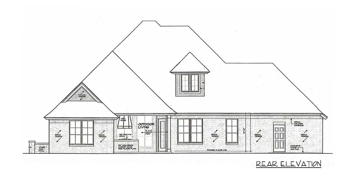 Rear elevation house plan showing brick veneer, outdoor living area, dormer, and various window styles.