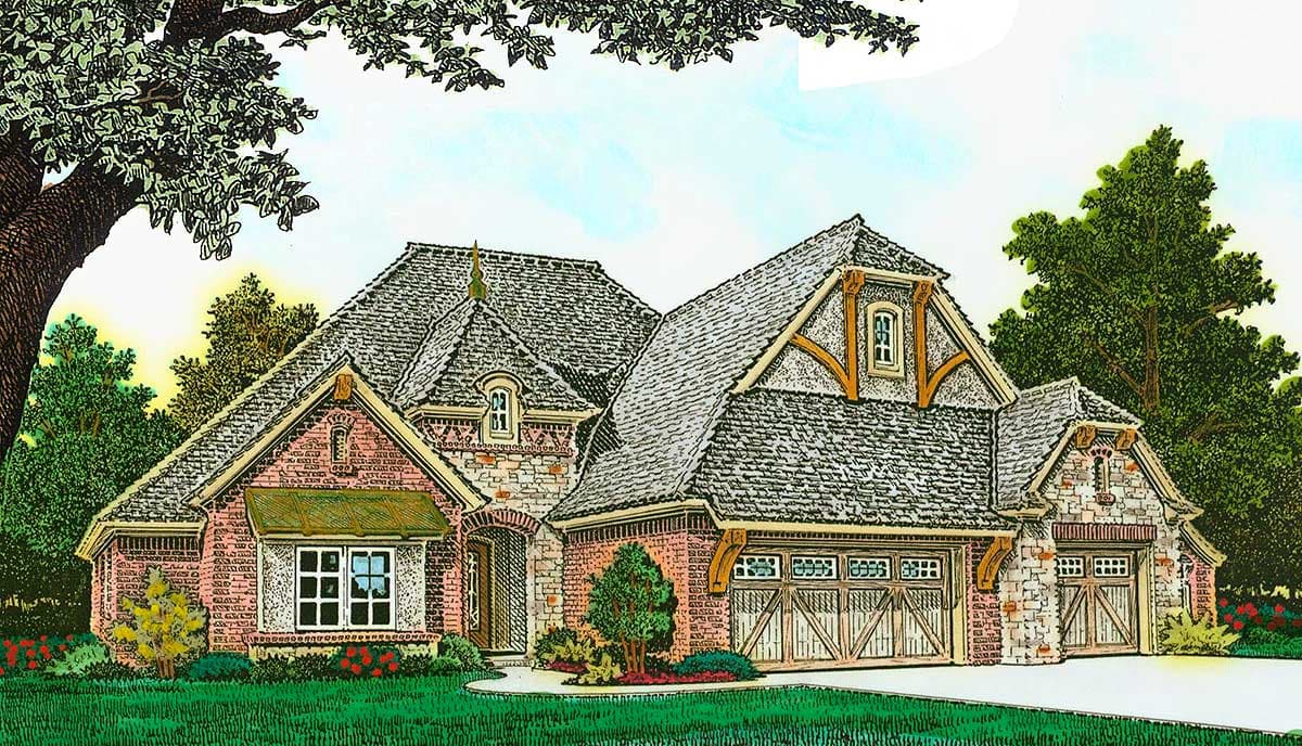 House plan exterior featuring a multi-gabled roof, brick and stone facade, and a three-car garage with wooden doors.