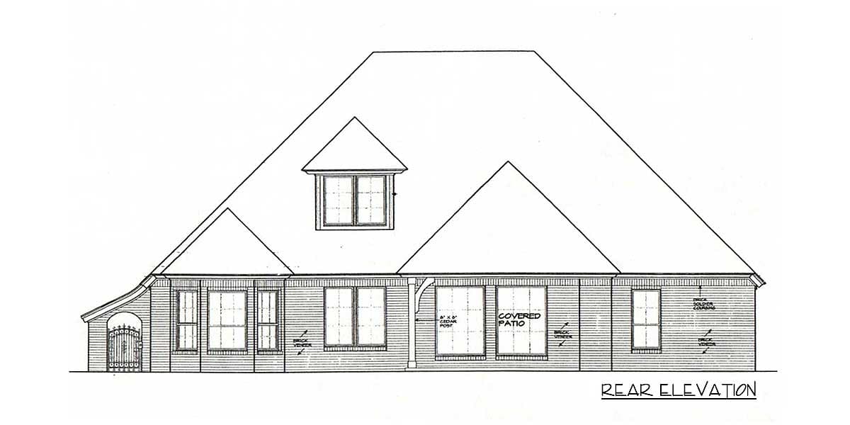 Rear elevation house plan showing a gambrel roof, dormer window, arched entryway with gate, and covered patio.