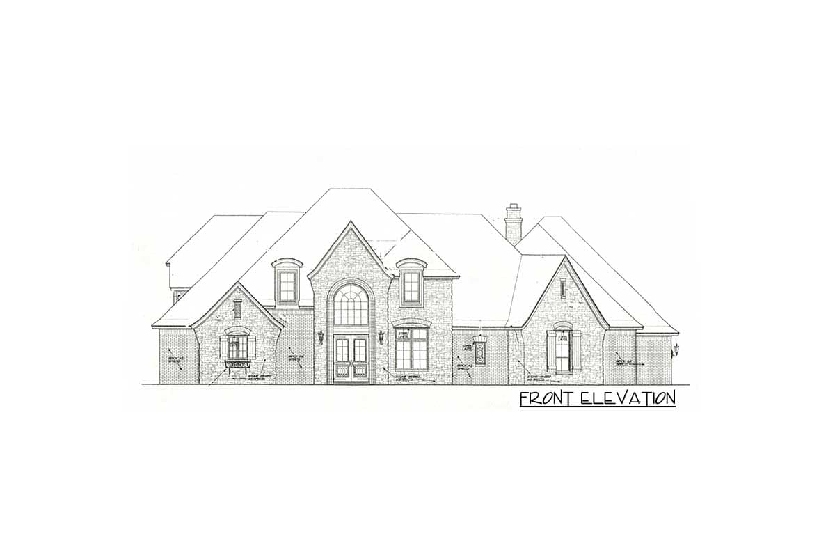 Front elevation drawing of a large, multi-story house with brick facade, arched entryway, and multiple gables.