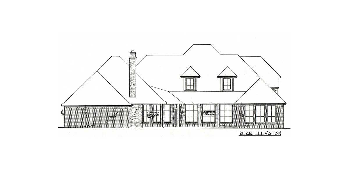 Rear elevation drawing of a large house with brick exterior, multiple gables, dormers, a chimney, and covered outdoor living and veranda areas.
