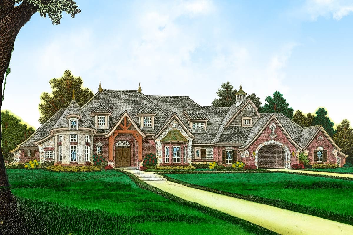 House plan exterior of a large, multi-story home with a turret, arched entry, dormers, and a large arched garage.