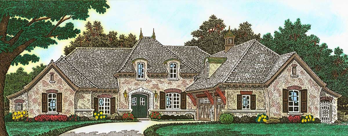 French Provincial house plan exterior, one story, with mansard roof, arched entry, dormers, and attached garage.