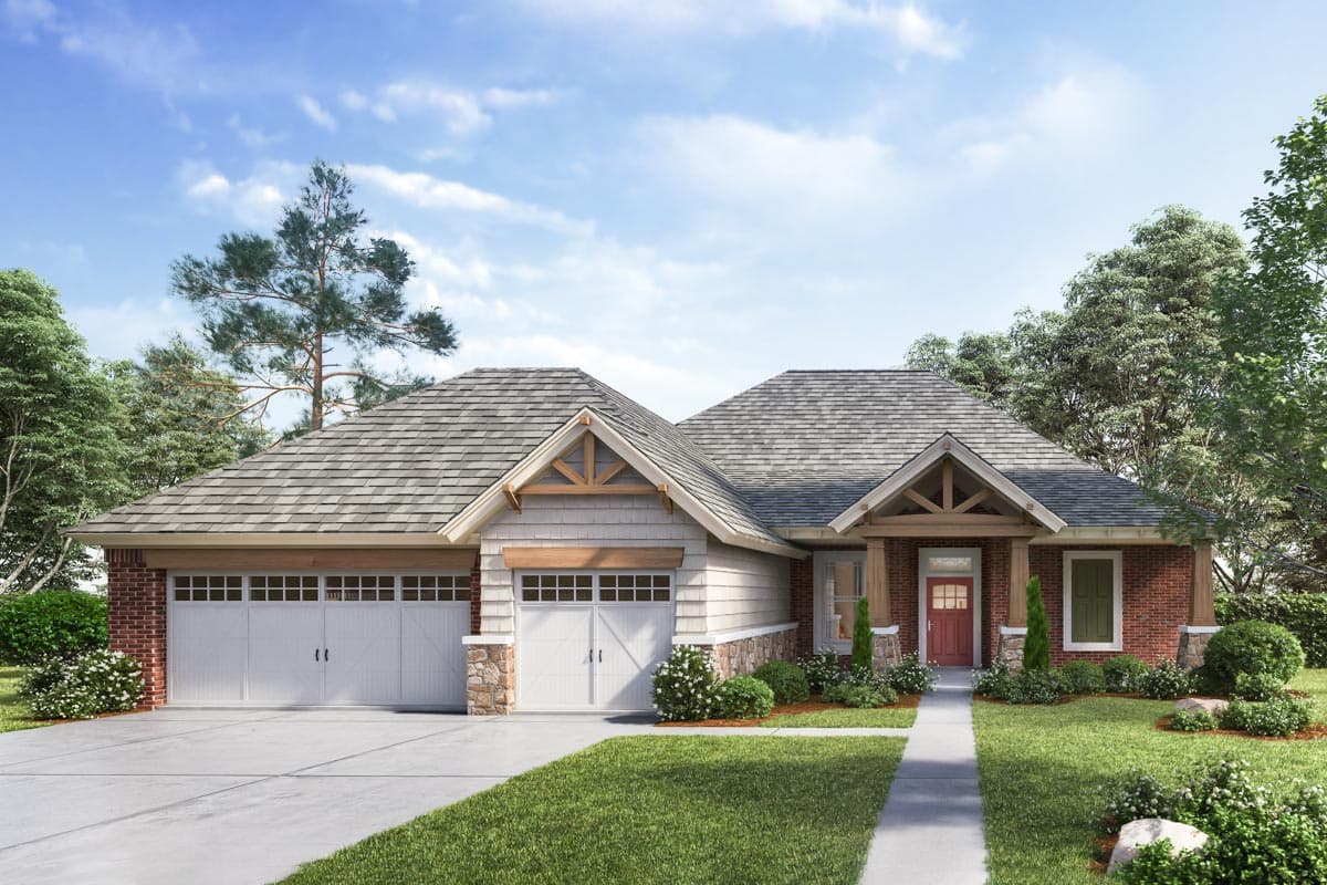 House plan exterior. Ranch style with a gabled roof, two-car garage, and a covered front porch with timber-framed accents.