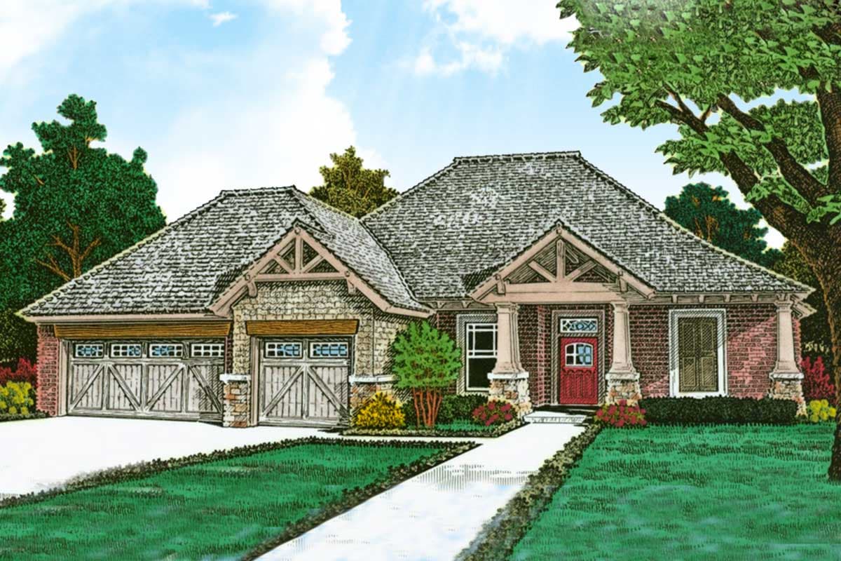 Craftsman style house plan exterior: one story with attached three-car garage, covered front porch with stone pillars, and gable details.
