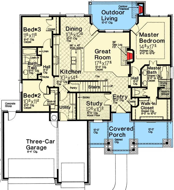 Plan 48530FM: One Story European House Plan with 3 Bedrooms and Outdoor Entertaining - 1879 Sq Ft - Floor Plan - Main Level - Craftsman, European, French Country