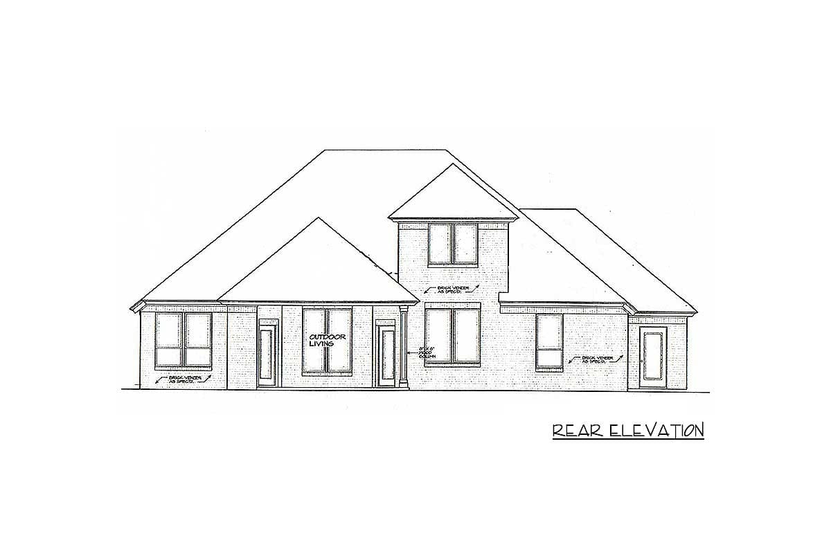 Rear elevation house plan showing brick veneer exterior, large windows, and outdoor living space with a covered roof.