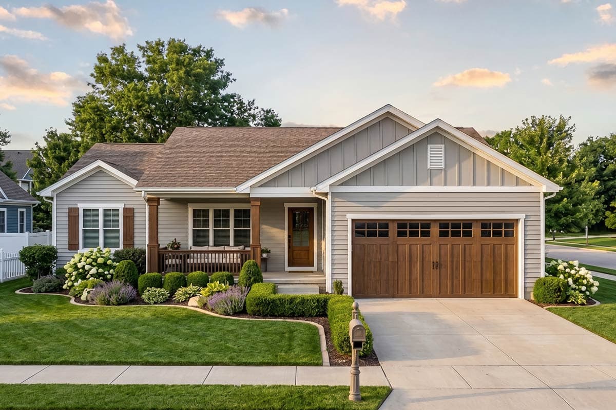 House plan exterior. Ranch style with a front porch, gables, and an attached garage. Features include a paneled garage door.