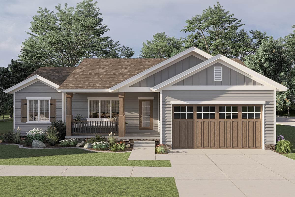 House plan exterior. Ranch style with a front porch, gables, and an attached garage. Features include a paneled garage door.