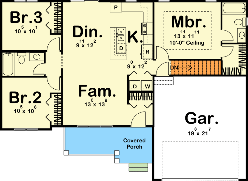 Plan 62645DJ: Split Bedroom Starter Home Plan Under 1200 Sq Ft - Floor Plan - Main Level - Cottage