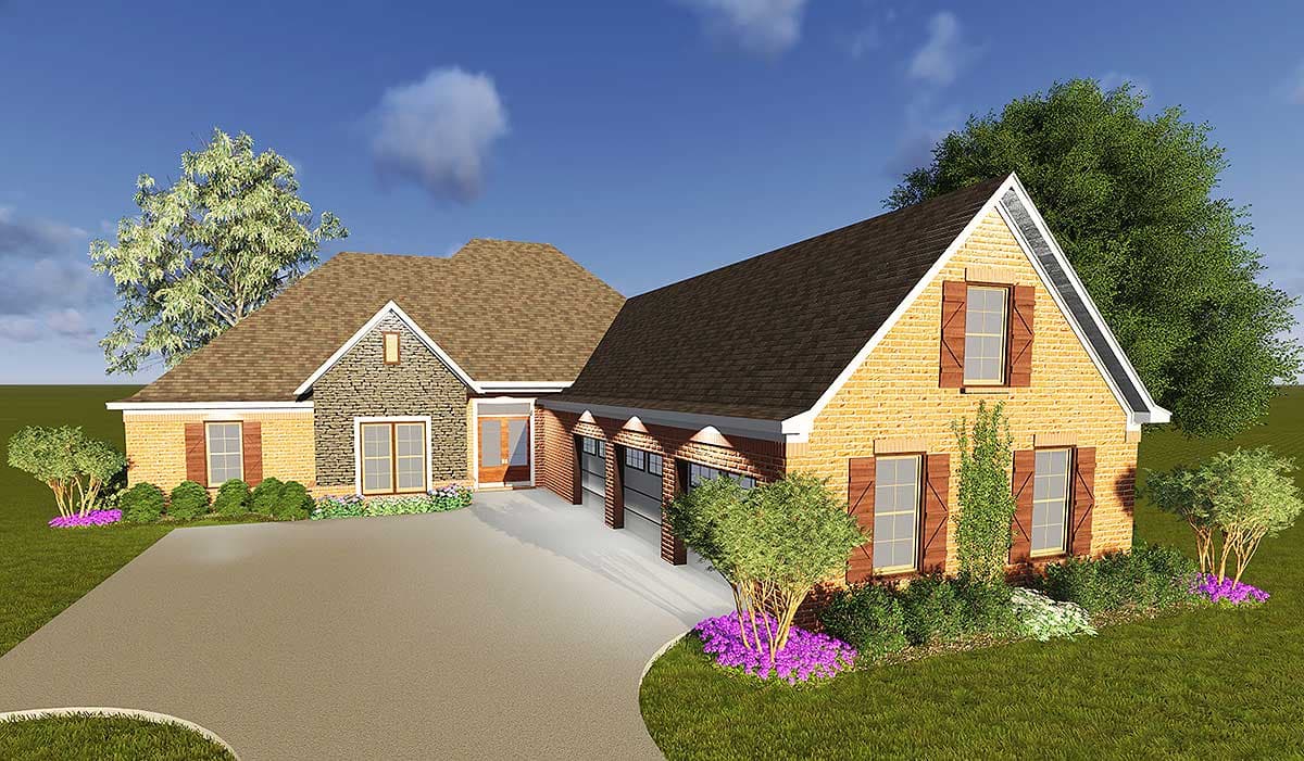 House plan exterior: Single-story home with brick and stone accents, gable rooflines, and a three-car side-entry garage.