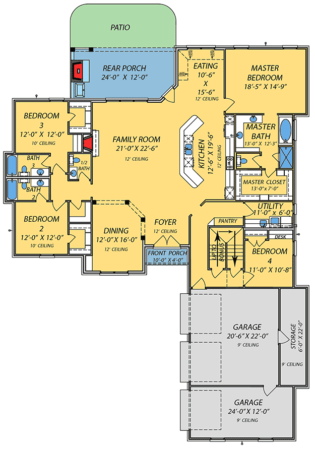Plan 83883JW: Southern House Plan with Huge Optional Bonus Room - Floor Plan - Main Level - Southern, Traditional