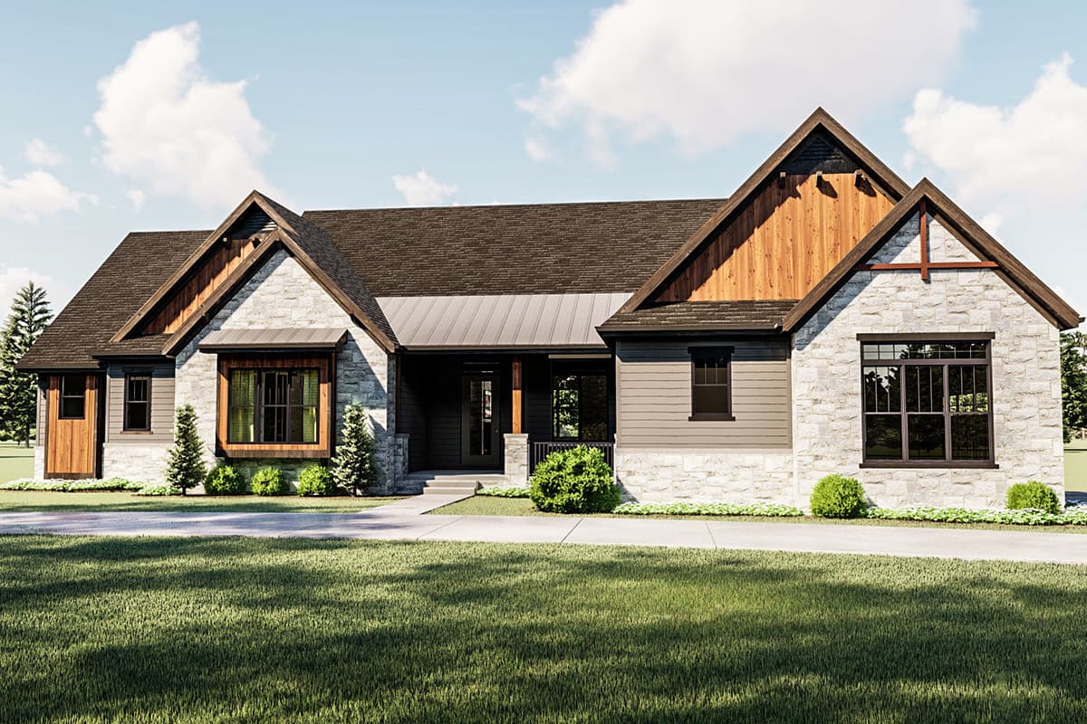 House plan exterior: One-story home with stone and wood siding, prominent gables, and a covered front entrance.