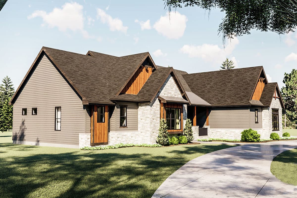 House plan exterior of a one-story home with stone and horizontal siding, prominent gables with wood accents, and a gabled entryway.