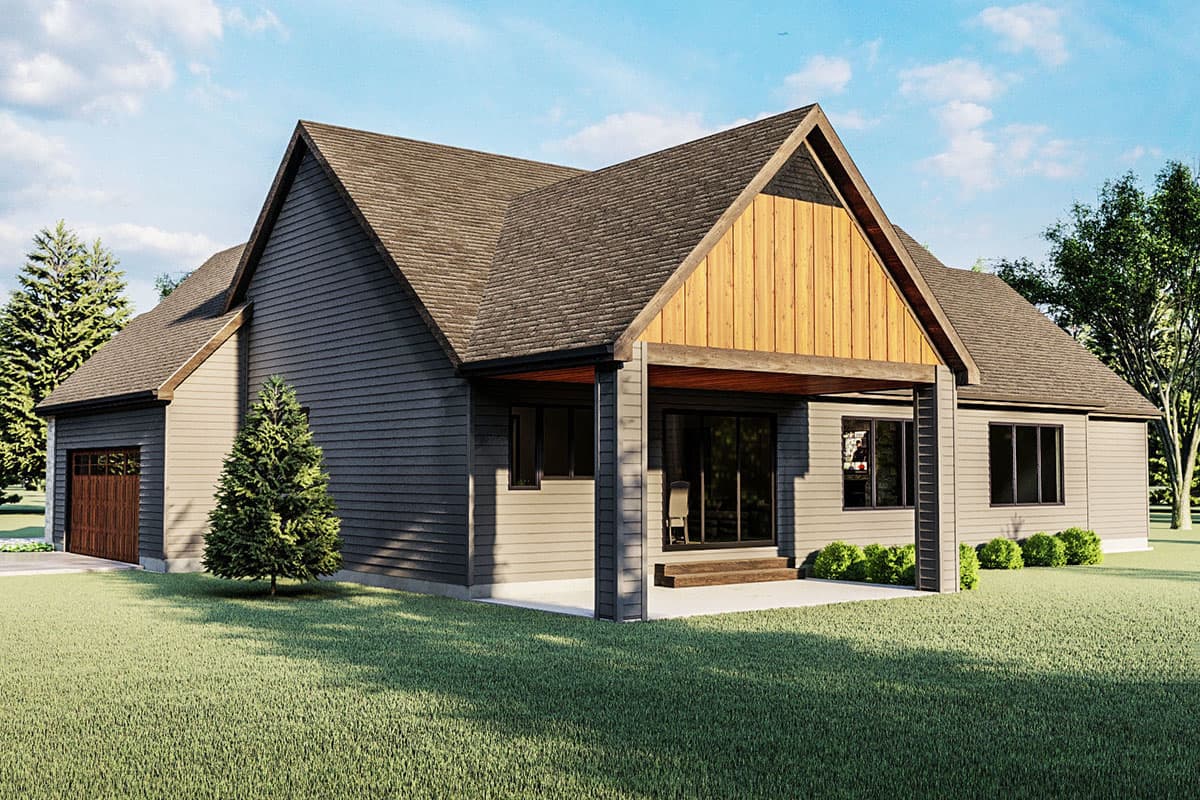House plan exterior with gable roof, wood accent siding, covered patio, and side-facing garage.