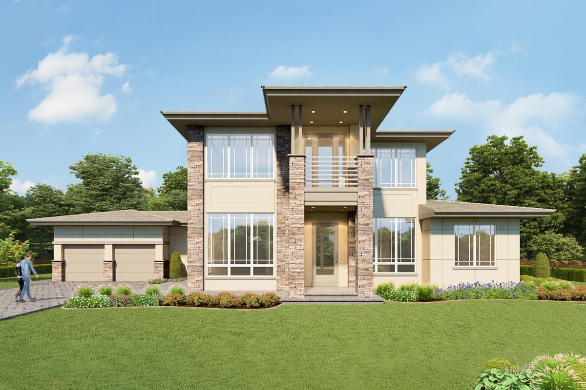 House plan exterior with two stories. Features include a flat roof, stone accents, multiple large windows, and a detached garage.