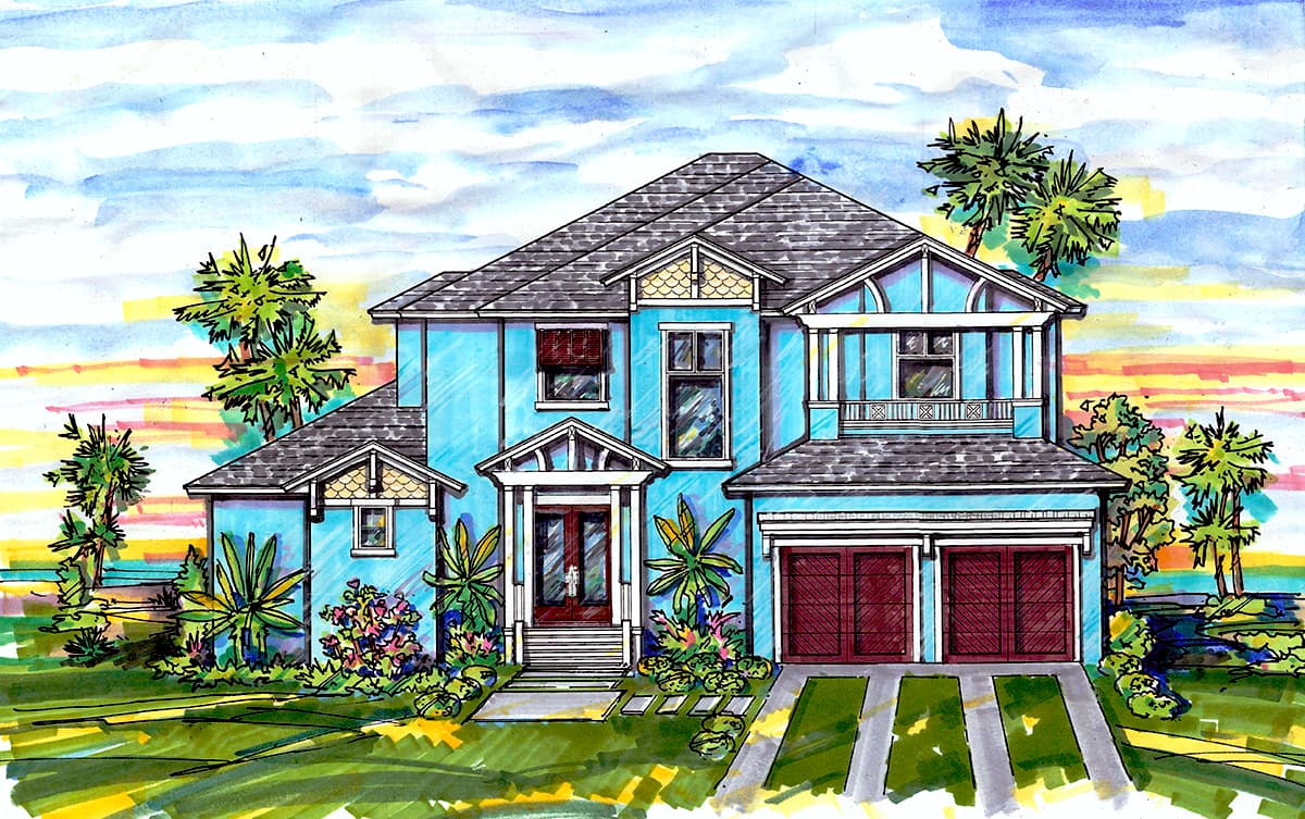 House plan exterior: Two-story blue home with a dual garage, gabled dormers, and a covered entryway with pillars.