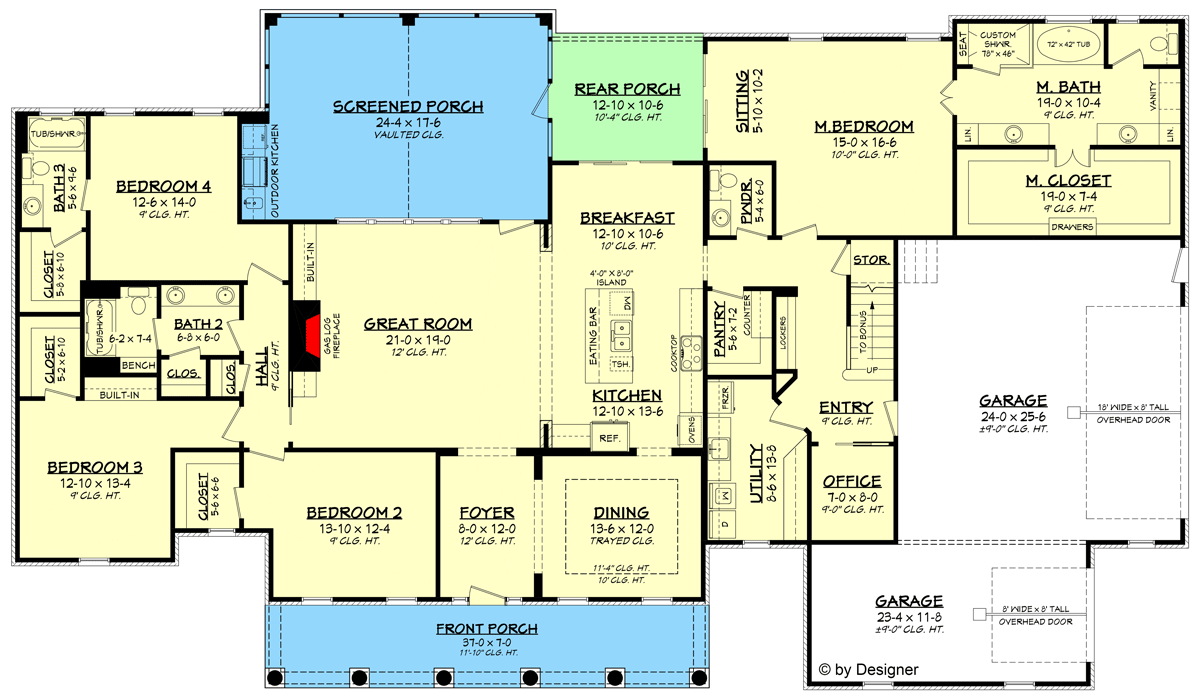 Plan 51733HZ: 4-Bed Southern-Style Farmhouse Plan with Optionally Finished Bonus Room - 3194 Sq Ft - Floor Plan - Main Level - Country, Farmhouse, Louisiana-Style, Modern Farmhouse, Southern, Traditional