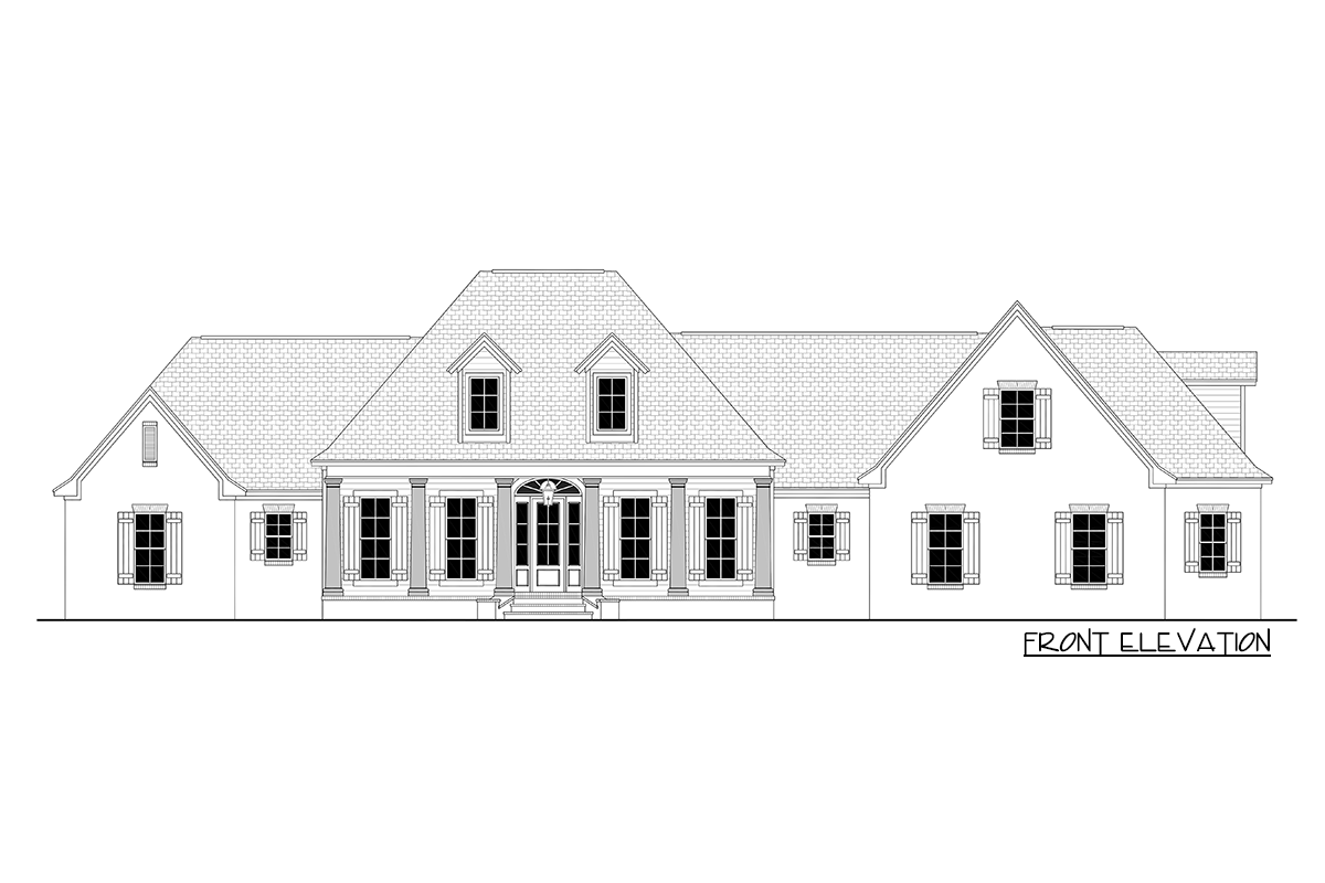 Front elevation drawing of a one-story house with a central portico, symmetrical windows, and dormers.