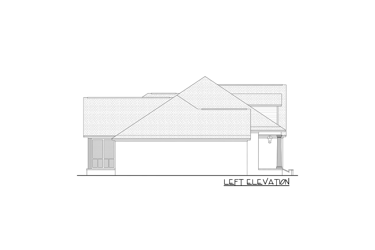 Left elevation drawing of a house plan showing rooflines, windows, a screened porch, and a covered entry with a column.