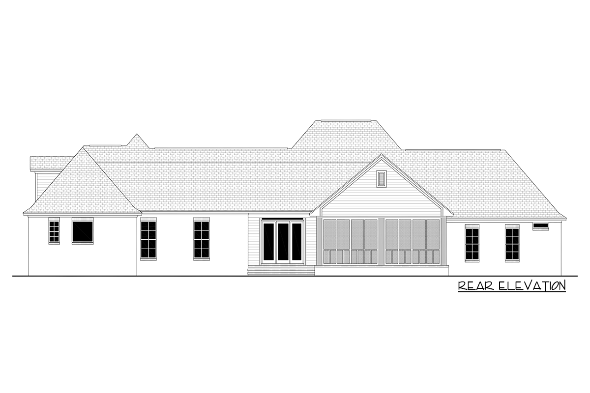 Rear elevation drawing of a house plan featuring a screened-in porch, gable roof, and multiple windows.