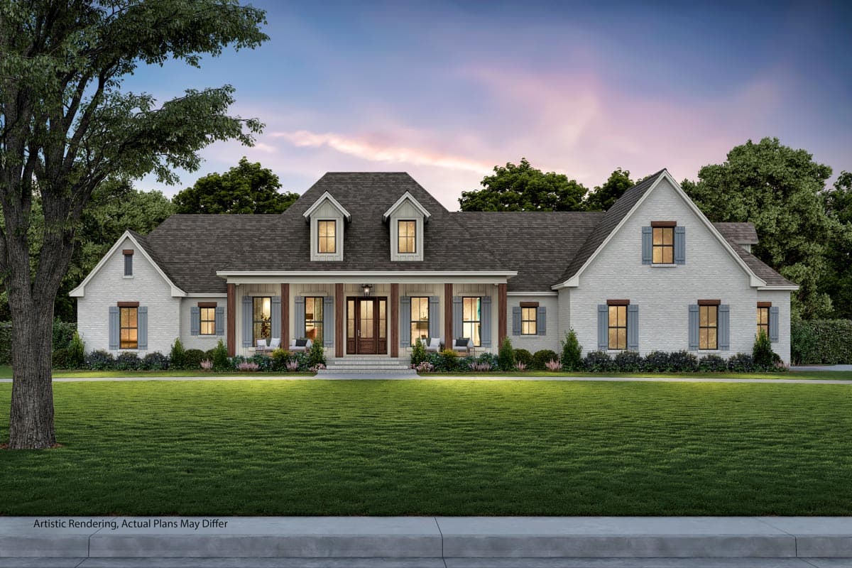 House plan exterior: Modern Farmhouse style, two stories, covered porch with columns, dormers, and brick facade.