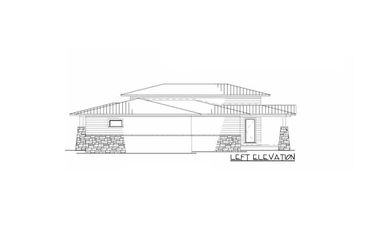 Left elevation drawing of a two-story house plan featuring horizontal siding, a layered roofline, a porch, and stone accents.