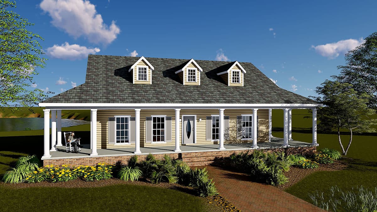 House plan exterior, two-story home with full-width covered porch, dormer windows, and shutters.