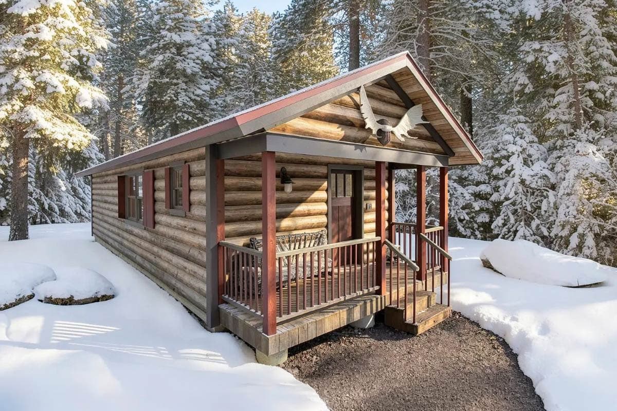 Log cabin exterior with a covered porch, gabled roof with dormer, and timber-framed detailing in a snowy setting.