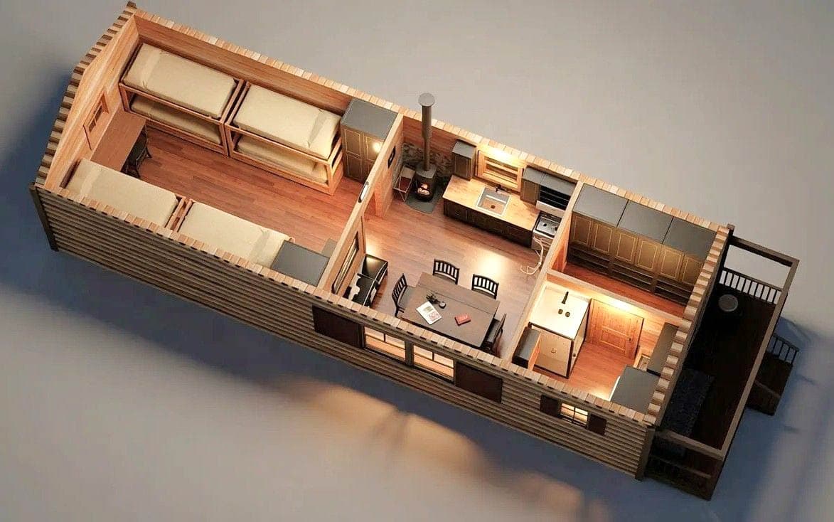 Log cabin house plan interior showing bunk beds, dining area, kitchen with wood stove, and deck.