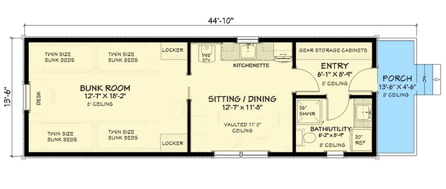 Plan 28903JJ: Bunkhouse Cabin - 559 Square Foot Vacation Getaway - Floor Plan - First Floor - Cabin, Country, Mountain, Ranch, Rustic, Traditional, Vacation