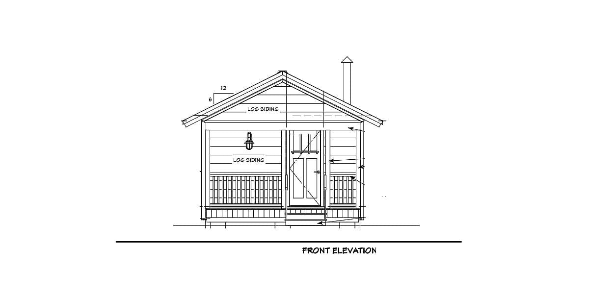 Front elevation drawing of a small house with log siding, a covered porch, and a prominent gable roof with a chimney.