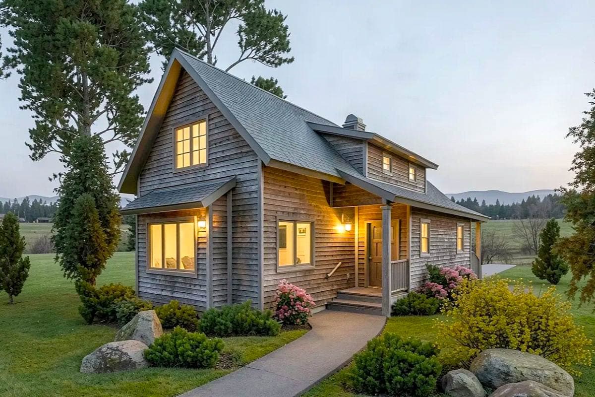 House plan exterior: two-story A-frame cabin with shingle siding, covered porch, and prominent gables.